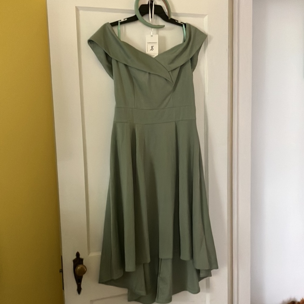 Sage green off the shoulder dress